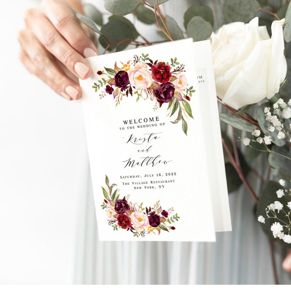 Wedding Program Template, Folded Booklet, Try Before You Buy, 100% Editable, Templett, Marsala Blush, Pastel, Pale, Soft Pink, Boho #vmt42