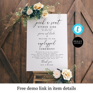 Modern Unplugged Wedding Sign Template, Pick A Seat Either Side, Edit With Templett, No Pictures Ceremony, Fully Editable, Printable #vmt910