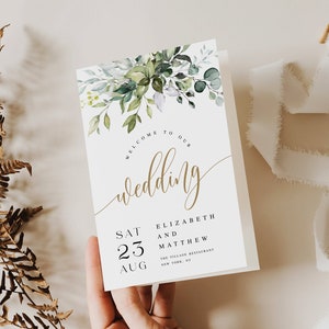 Printable Program Template, Folded, Wedding Ceremony, Templett, Instant download, Editable Order of Service, Rose Gold, Greenery #c61