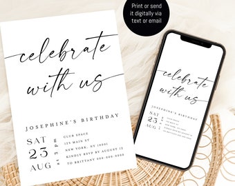May include: A white invitation card with black text that reads "celebrate with us" and details for Josephine's birthday party. The party is on Saturday, August 23rd at 3 pm at Club Space, 123 Main St, New York, NY 10001. RSVP by August 12th to Brittany at 000-006-0000.