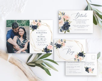 Photo Wedding Invitation Suite, Editable Templates, Printable Invite, RSVP, Details Insert, Navy Blue, Dusty Rose, Floral Geometric #vmt31a