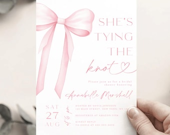 Invitación impresa y enviada para despedida de soltera "Ella se casa", invitación con lazo rosa.