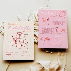 Bachelorette Wochenende Ereignisse Reiseplan Vorlage, Handgezeichnete Bachelorette Einladen, Wunderlicher Funky Vintage Hens Party Wochenendreiseplan #c97p