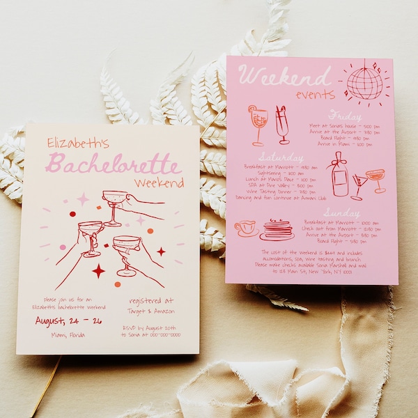 Bachelorette Weekend Events Itinerary Template, Hand Drawn Bachelorette Invite, Whimsical Funky Vintage Hens Party Weekend Itinerary #c97