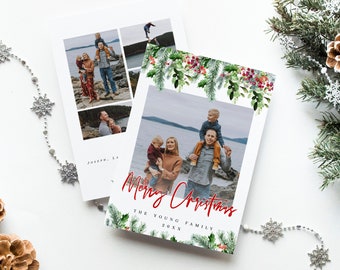 Happy Holidays Card Template, Templett, Merry Christmas, Add Your Own Photo, Picture, Collage, DIY Personalized, Custom, Download, Pine #c71