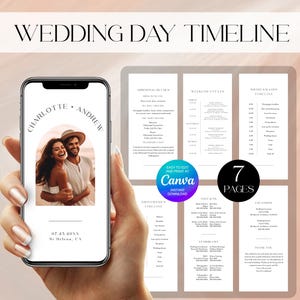 May include: A digital wedding day timeline template, featuring a photo of a couple, displayed on a smartphone. The design includes the names "Charlotte + Andrew", date, and location. Additional pages detail weekend events and vendor lists.