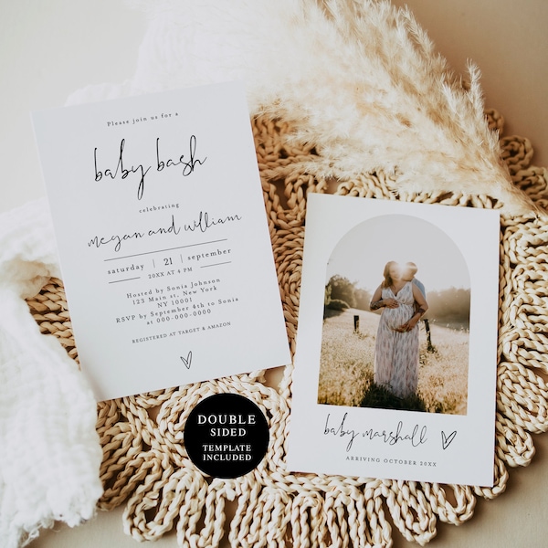 Modèle d'invitation fête de naissance, baby shower en couple, faire-part imprimable, mixte, garçon ou fille, photo, image, arche, non sexiste, coeur #f35