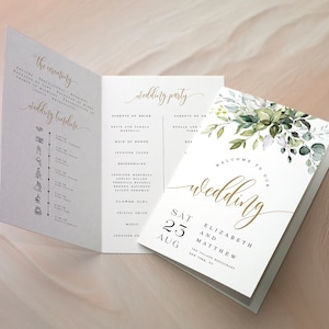 May include: A wedding invitation with a green and white floral design. The text reads "Welcome to our wedding" with the date "Sat 25 Aug" and the names "Elizabeth and Matthew".