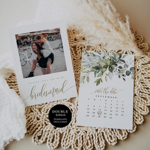 Modèle de carte de proposition de calendrier imprimable, carte sera-tu ma demoiselle d'honneur avec photo, téléchargement immédiat, à essayer avant d'acheter, verdure #c61