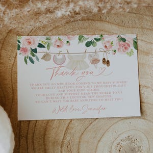 Carte de remerciement pour baby shower, modèle plat imprimable floral rose, note de saupoudrage pour bébé à téléchargement immédiat, carte de remerciement bohème rose poudré #c3b-A
