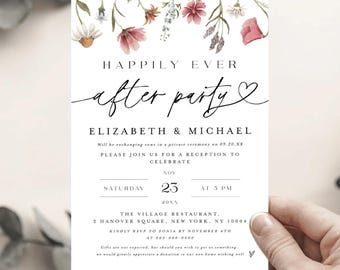 Happily Ever After Party Invitation, Floral Wedding Reception Card, Printed Elopement Invite