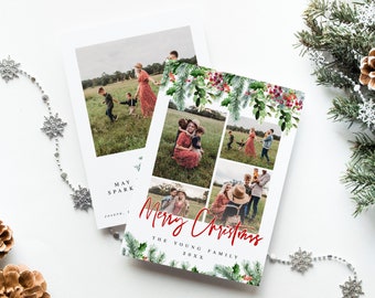 Merry Christmas Card Template, Instant Download, Edit With Templett, Happy Holidays, Add Your Own Photo, Picture, Collage, Red, Pine #c71