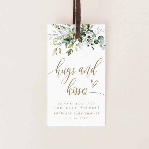 Greenery Gold Baby Shower Tag Template, Templett, Hugs And Kisses, Thank You Favor Tags, Showering With Love, Downloadable, Templett #c61