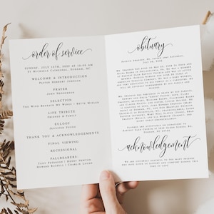 Könnte beinhalten: Ein geöffnetes Trauerprogramm, das die Reihenfolge des Gottesdienstes und den Nachruf anzeigt. Die linke Seite listet die Reihenfolge des Gottesdienstes auf, einschließlich Datum, Uhrzeit und Ort. Die rechte Seite enthält den Nachruf und die Danksagungen.