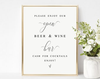 Wedding Open Bar Wine And Beer Sign Template, Cash Cocktails, Edit With Templett, Rehearsal Dinner, Bridal Couples Shower, Brunch DIY #vmt12