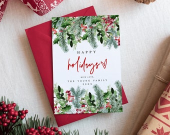 Happy Holidays Card Template, Digital Download, Fully Editable Text, Self-Editing, Merry Christmas, Downloadable, Templett, Red, Pine #c71