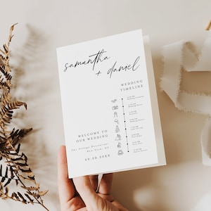 Foldable Wedding Program, Minimalist Wedding Program Template, Folded Program, Wedding Day Icon Timeline, Order of Service, Itinerary #f48