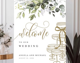 Printed Champagne Tower Welcome Sign, Greenery Gold Wedding Decor, Welcome To Our Wedding Sign, Reception Entry Board