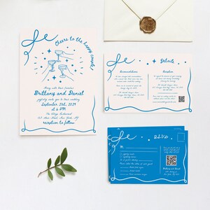 Ensemble bleu de faire-part de mariage, ensemble bleu modifiable de faire-part de mariage, faire-part de mariage dessiné main tendance, faire-part de mariage bleu, carte RSVP QR Code #c97