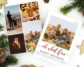 Christmas Card Template, Oh What Fun, Digital Download, Happy Holidays, Add Your Own Photo, Picture, Collage, Templett, Red #vmt510