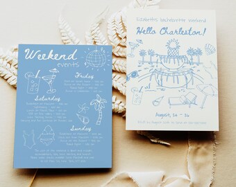 Charleston Bachelorette Itinerary Template, Hand Drawn Charleston Bachelorette Party Invite, Blue Whimsical Beach Girls Weekend Trip #c97b