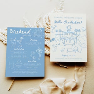 Charleston Bachelorette Reiseplan Vorlage, Handgezeichnete Charleston Bachelorette Party einladen, Blau Wunderliche Strand Mädchen Wochenendreise #c97b