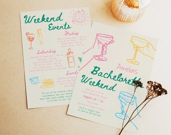 Colorful Bachelorette Weekend Events Itinerary Template, Hand Drawn Bachelorette Invite Quirky Scribble Funky Hens Party Weekend Invite #c97