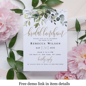 Eucalyptus Bridal Luncheon Invitation Template, Templett, 100% Editable Text, Create Your Own Invite, Bohemian Greenery, Leaves, Gold #c61