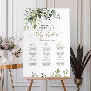 Groen goud kleine babyshower zitplaatsen tabelsjabloon, afdrukbaar, genderneutraal, jongen of meisje, bord, brunch, Templett, eucalyptus #c61