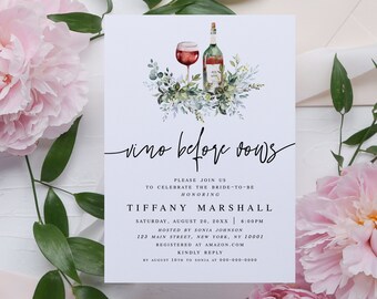 Printable Bridal Luncheon Invitation Template, Templett, Vino Before Vows, 100% Editable Text, Custom, Wine, Bohemian Greenery, Leaves #f24