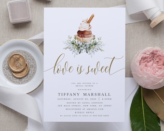 Love Is Sweet Bridal Shower Invitation Template, Invite Templett, Personalized, Try before you buy, Customize, Greenery Cupcake Dessert #c61