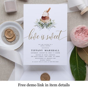 Love Is Sweet Bridal Shower Invitation Template, Invite Templett, Personalized, Try before you buy, Customize, Greenery Cupcake Dessert #c61