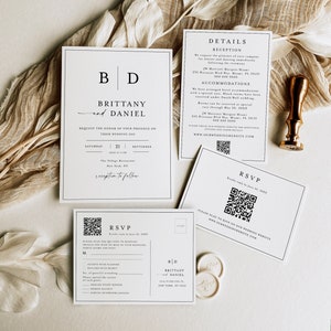 Ensemble de modèles de faire-part de mariage, carte postale RSVP QR Code, invitation moderne, carte de détails, Templett, téléchargement immédiat, monogramme minimaliste #f37m
