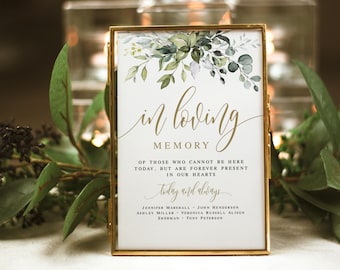 Eucalyptus Gold In Loving Memory Sign Template, Try Before You Buy, Download, Wedding Remembrance, Memorial, Self-Editing, Greenery DIY #c61