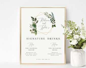 Greenery Geometric Signature Drinks Sign Template, Cocktail Menu, 100% Editable text, Instant download, Templett, Monogram Logo, Leaves #c59