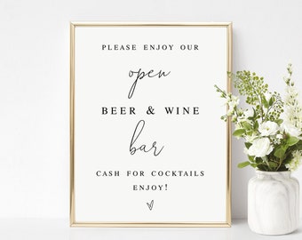 Wedding Open Bar Wine And Beer Sign Template, Cash Cocktails, Personalized, Rehearsal Dinner, Try before you buy, 100% Editable DIY #vmt710