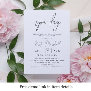 Modèle d'invitation à une fête d'enterrement de vie de jeune fille au spa, shower de bébé, invitation pour les filles, invitation 100 % modifiable, imprimable, Templett, téléchargement #vmt710