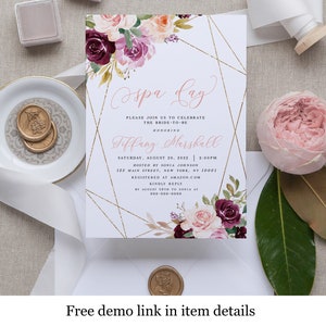 Modèle d'invitation à une soirée spa, EVJF, invitation nuptiale de douche, 100 % modifiable, imprimable, Templett, botanique, floral prune #vmt4624