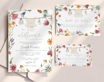 A Little Wildflower Girl Baby Clothes Baby Shower Invitation Set, Baby Shower Invite, Floral Clothesline Invitation, Laundry Baby Shower c82