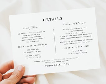 Wedding Details Card Template, Accommodations, Reception, Invitation Enclosure, 100% Editable Text, Printable, Templett, Insert, DIY #vmt310