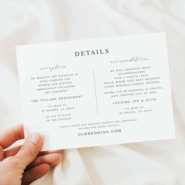 Wedding Details Card Template, Accommodations, Reception, Invitation Enclosure, 100% Editable Text, Printable, Templett, Insert, DIY #vmt310