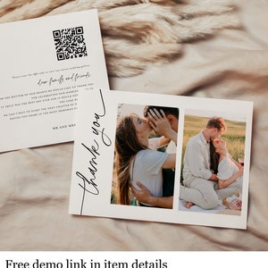 Fotobedankkaartsjabloon bruiloft Templett volledig bewerkbare afdrukbare QR-code direct downloaden Bedankkaartsjabloon met 2 foto's #f38