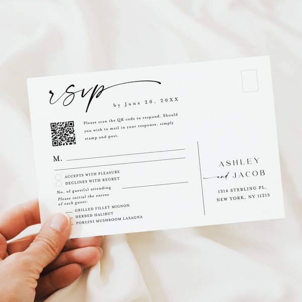 QR-Code-RSVP-Online-Karte, minimalistische Antwortkarte, QR-Code-Postkarte, Online-Antwortkartenvorlage, druckbare Hochzeits-RSVP, Einsteckkarte#f37