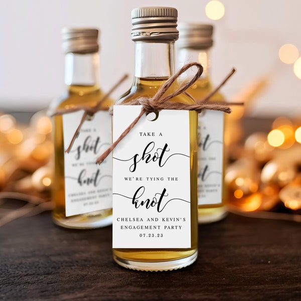 Mini Alcohol Tags Template, Party Favors, Take A Shot We're Tying The Knot, Shot Bottle Tags, Couples Shower, Edit With Templett DIY #vmt510