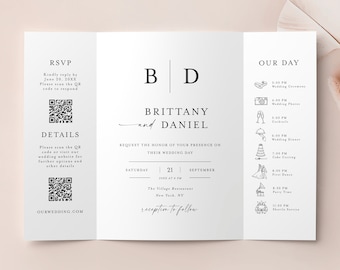 Faire-part de mariage gatefold avec code QR, modèle d'invitation à un mariage, pli métallique monogramme, RSVP code QR, 100 % modifiable, détails, chronologie #f37m