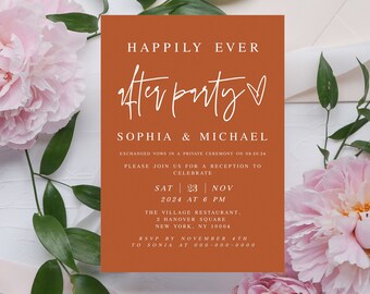 Terracotta Happily Ever After Party Invitation, Reception Party Template, Elopement, Download, Customize, Printable, Burnt Orange Heart #f32