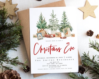 Christmas Eve Invitation Template, Printable, 100% Editable Text, Custom, Download, Templett, Personalized, Customizable, Winter Trees #c63