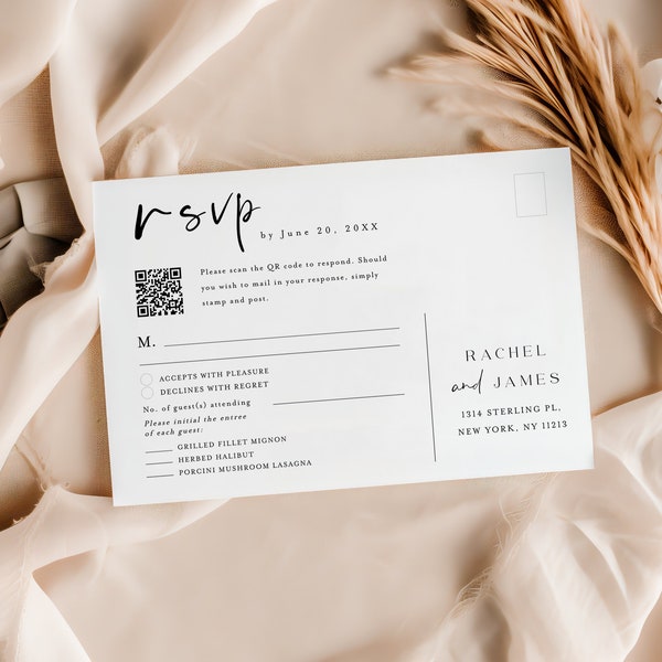 QR-Code-RSVP Online-Karte, minimalistische Antwortkarte, QR-Code-Postkarte, Online-Antwortkartenvorlage, Templett, vollständig bearbeitbares Hochzeits-Rsvp #F43