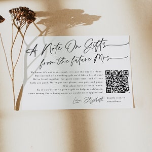 Tarjeta A Note On Gifts, Tarjeta Honeymoon Fund con código QR, Tarjeta Honeyfund, Regalos monetarios, Regalos financieros, Tarjeta de inserción A Note On Gifts n.° f38