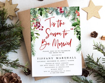 Christmas Bridal Shower Invitation, 100% Editable Text, Tis the Season To Be Married, Instant Download Invite, Printable, Templett, Red #c71